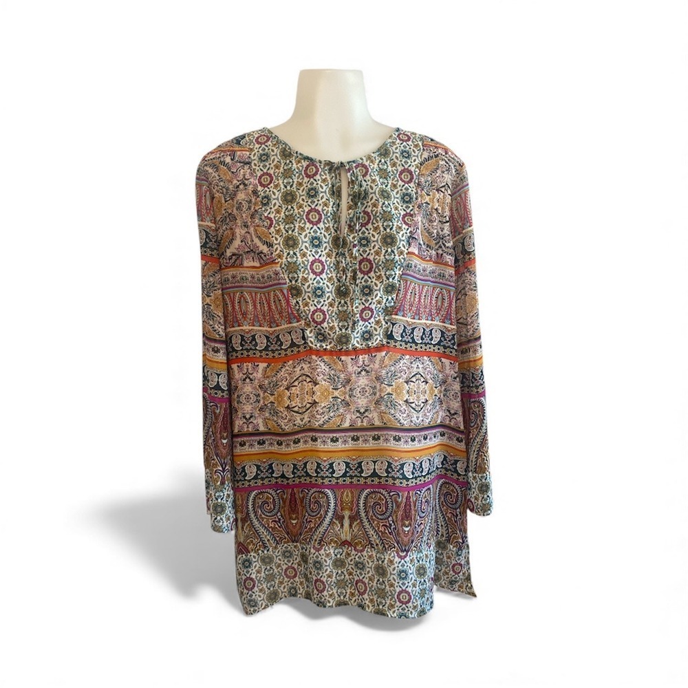 Olive Hill Bohemian Paisley Print Tunic Top Tie Neck Long Sleeve Medium